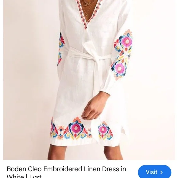 EUC! Boden White Linen Dress with Colorful Embroidery, Size 4R - Picture 2 of 6